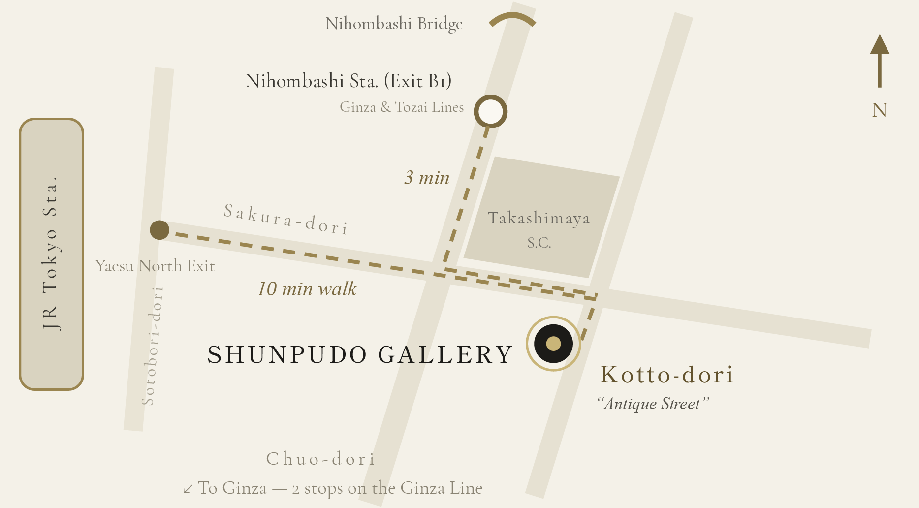 Map of Kotto-dori (Antique Street), Nihombashi, showing Shunpudo Gallery